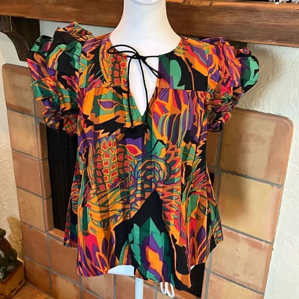 House of Harlow 1960 100% Cotton Meadow Pink Colorful Bohemian Top, Size Medium